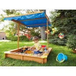 Spatiu de joaca cu nisip - Lada cu nisip din lemn pentru gradina,  acoperita cu copertina albastra retractabila UV